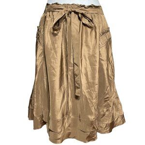 BCBGMaxAzria 100% Silk Skirt NEW M Ruffle Pleated Knee Length Taupe Satin A-Line